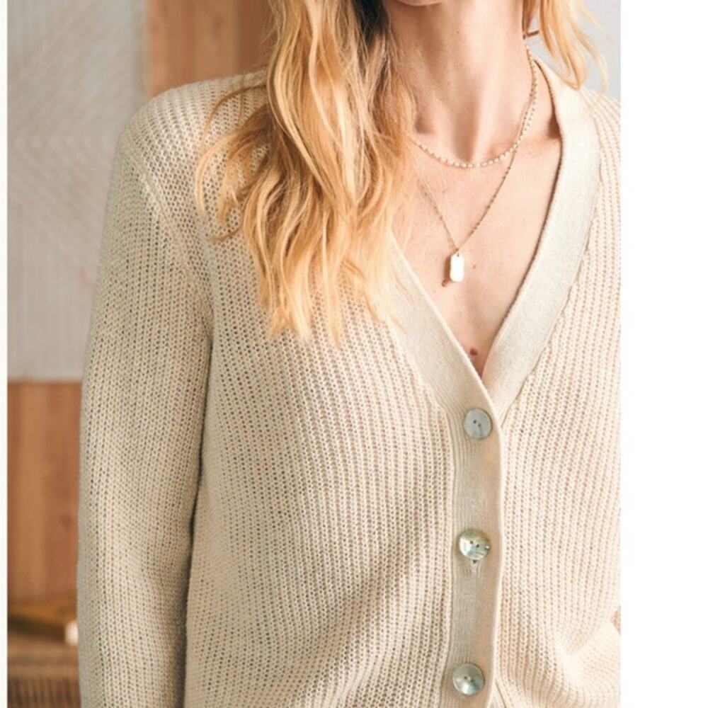 Faherty Cream Ribbed V-Neck Cardigan - Picture 3 of 14